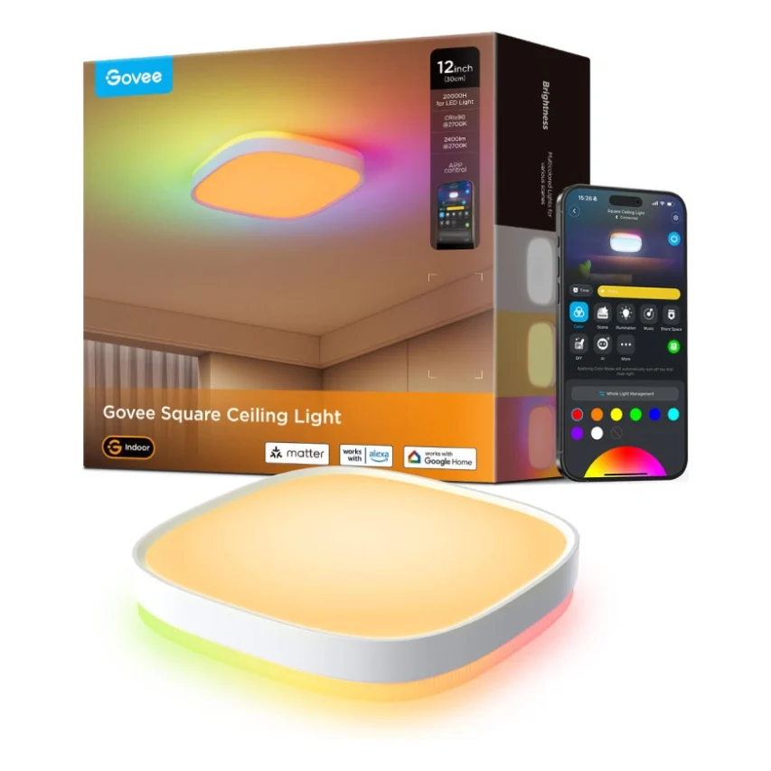 Світильник Govee H60A4 30cm Smart Square Ceiling Light, RGBWW + RGBIC, WI-FI/Bluetooth, білий (H80A4C01)