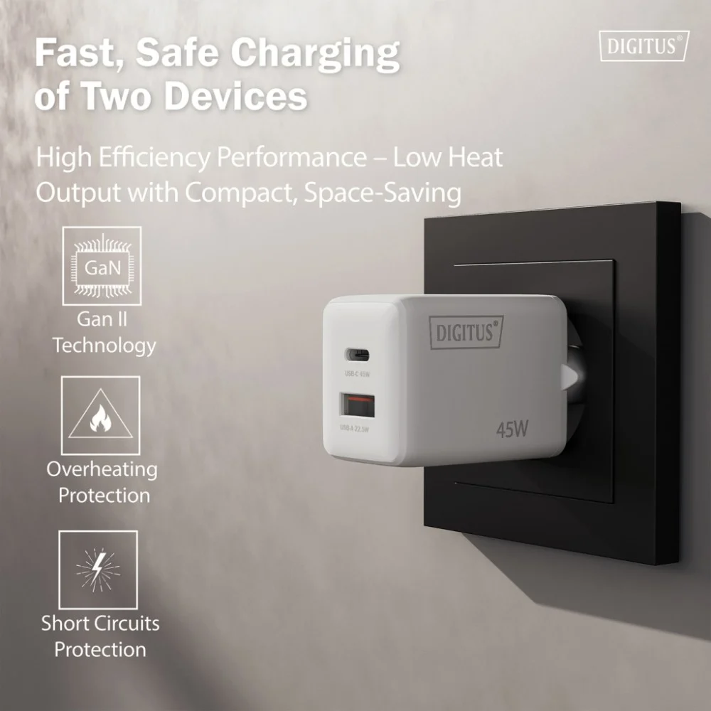 Зарядний пристрій Digitus 1xUSB-C + 1xUSB PD45W GaN white (DA-10302) — фото 8