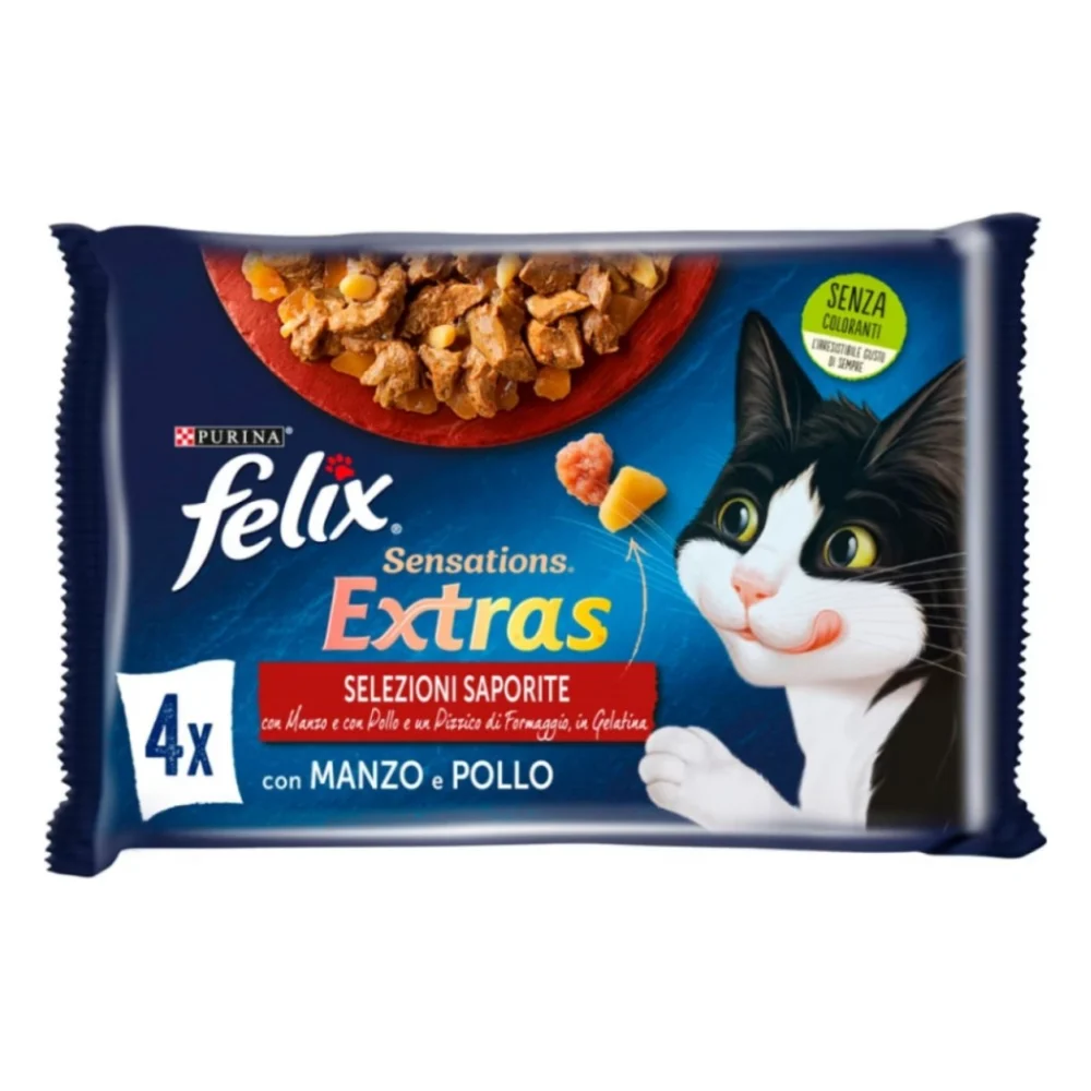 Вологий корм для кішок Purina Felix Sensations Extras з яловичиною та куркою 4х85 г (7613287487377)