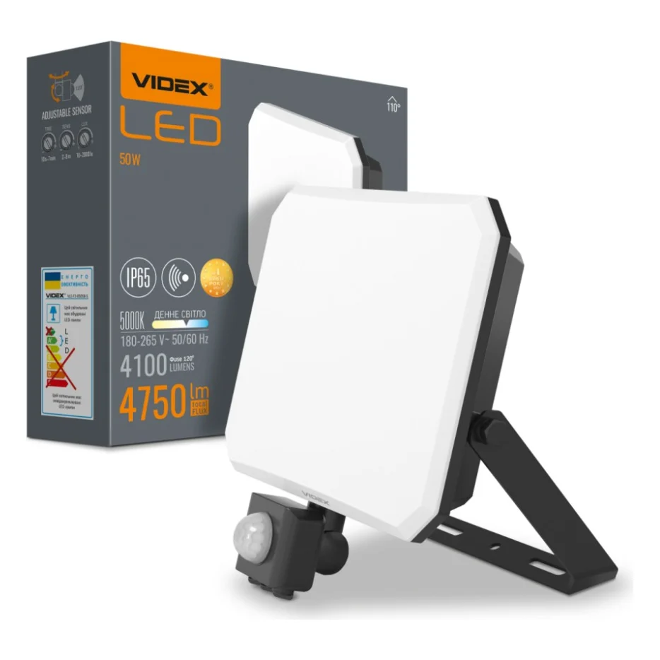 Прожектор Videx F3 50W 5000K з датчиком руху 220V Black (VLE-F3-0505B-S)