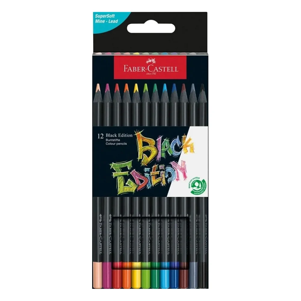 Олівці кольорові Faber-Castell Black Edition colour pencil, тригранні, чорне дерево, 12 кольорів (116412) (31214)