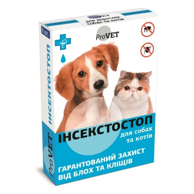 Краплі для тварин ProVET Інсектостоп від бліх та кліщів для котів та собак 6/0.8 мл (4823082409815)