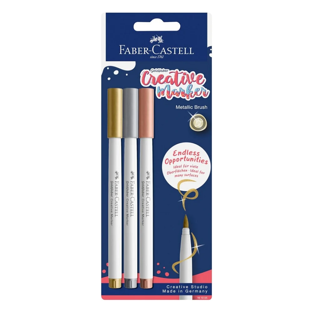 Набір маркерів Faber-Castell тонких для декору Goldfaber Creative Marker Metallic Brush, 3 кольори, В (пензель) (33005)