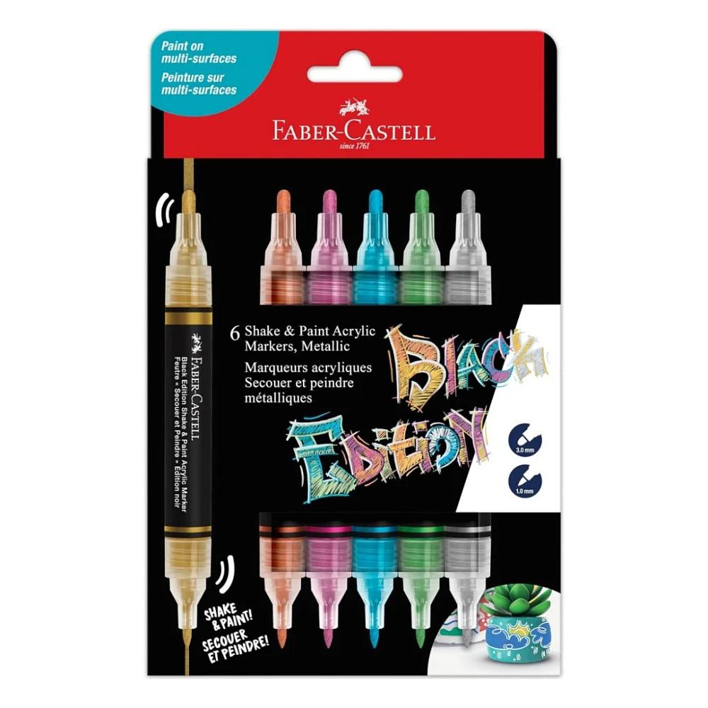 Набір маркерів Faber-Castell акрилові двобічні Black Edition Shake & Paint Acrylic Marker, 6 кольорів металіків (33049)