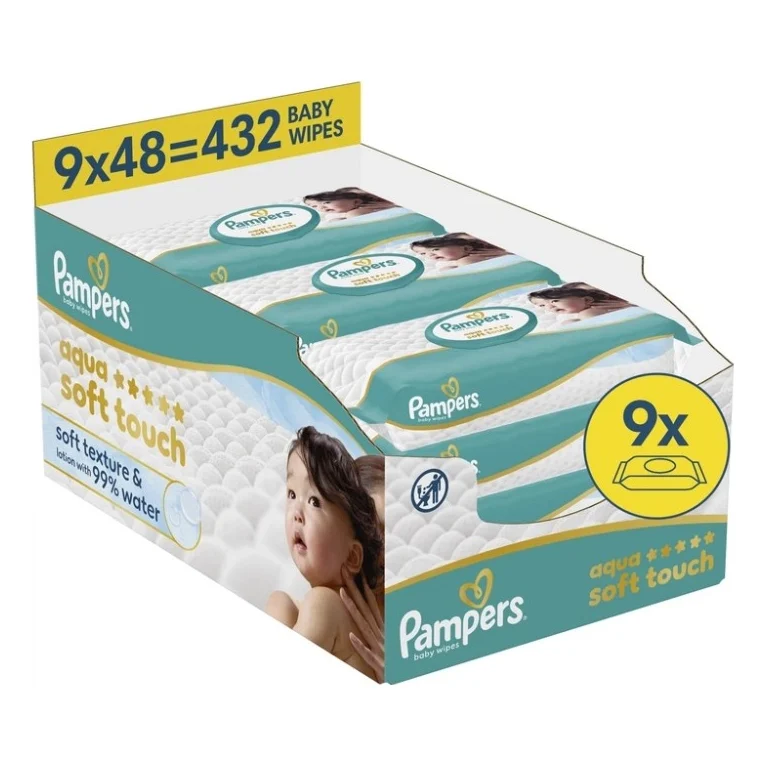 Дитячі вологі серветки Pampers Aqua Soft Touch 9x48 шт (432 шт) (8006530140010)