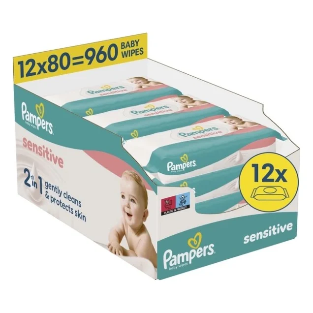 Дитячі вологі серветки Pampers Sensitive 80 шт х 12 пачок (960 шт) (8006530134668)