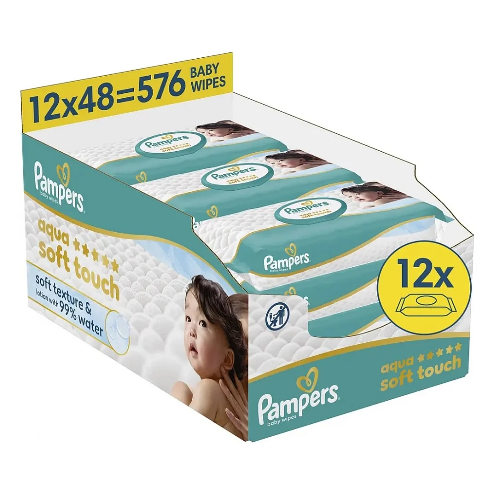 Дитячі вологі серветки Pampers Aqua Soft Touch 48 шт х 12 пачок (576 шт) (8006530140225)