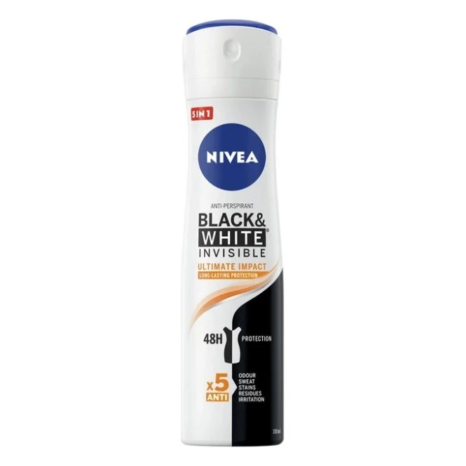 Антиперспірант Nivea Black & White Invisible Ultimate Impact 5in1 Antyperspirant Spray 150 мл (5900017074269)