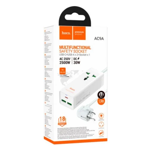 Мережевий фільтр живлення HOCO AC9A 1 роз, 2 USB,USB-C, 30W, 1,5м, White (AC9AW) — фото 4