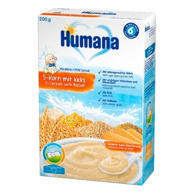 Дитяча каша Humana молочна 5 злаків з печивом 200 г (4031244775559)