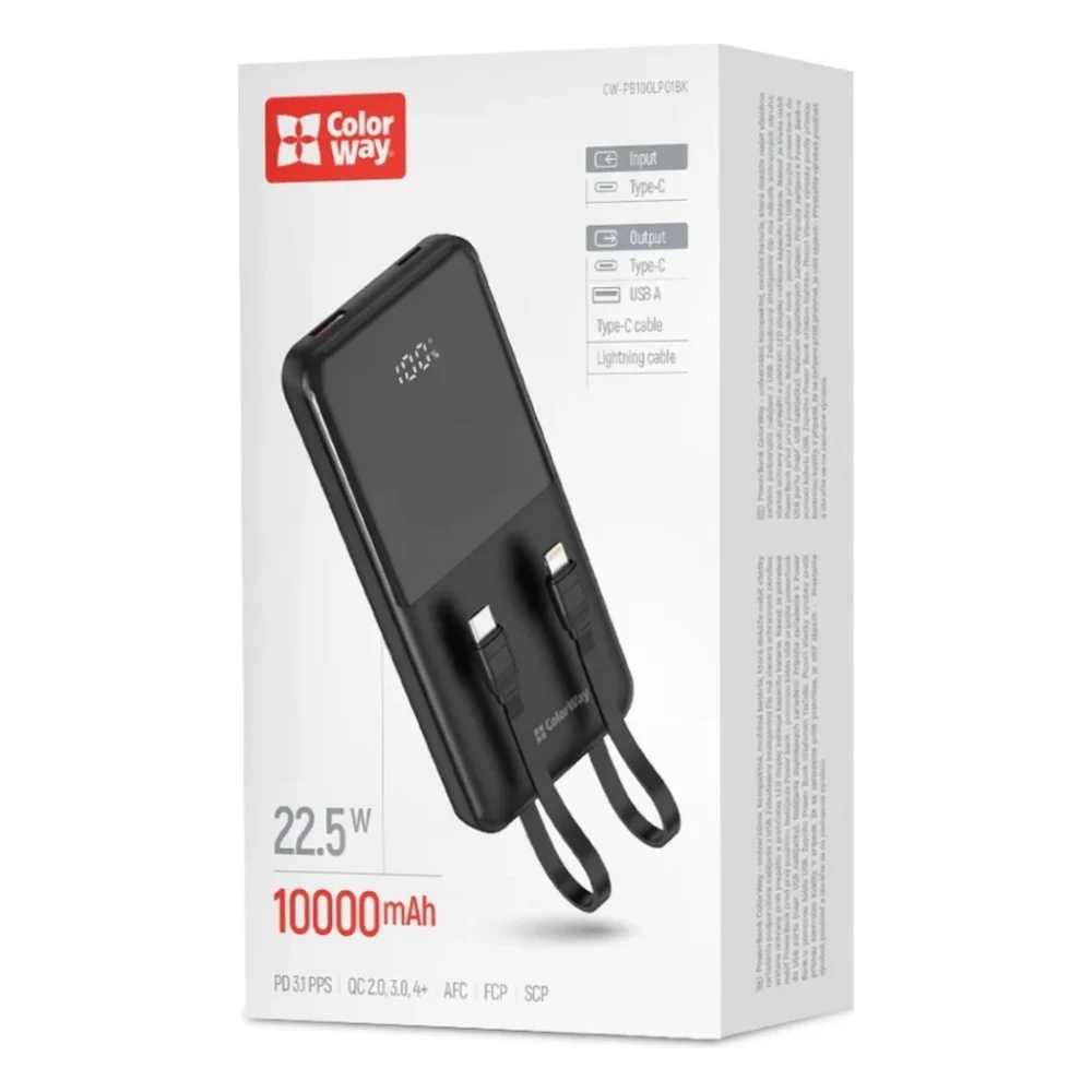 Батарея універсальна ColorWay 10000mAh DigiPower PD/22.5W, QC/4.0, Black (CW-PB100LP01BK) — фото 5