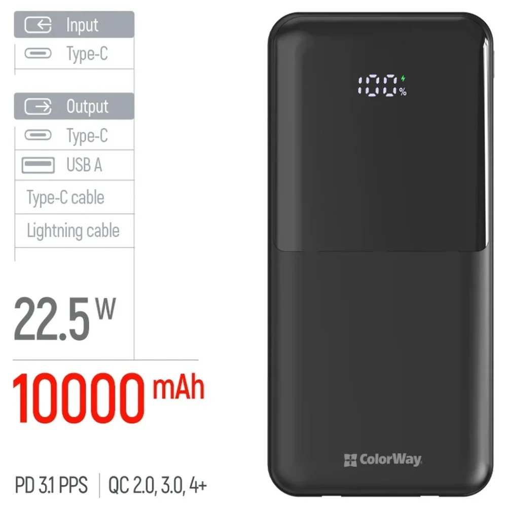 Батарея універсальна ColorWay 10000mAh DigiPower PD/22.5W, QC/4.0, Black (CW-PB100LP01BK) — фото 6