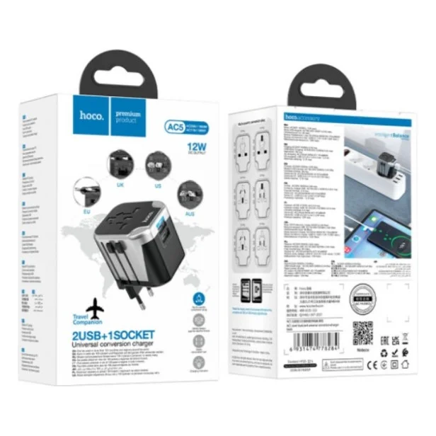 Мережевий фільтр живлення HOCO AC5 1 роз, 2 USB, 1,5м, Black/Gray (AC5ABG) — фото 4