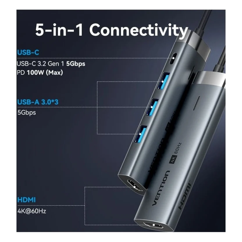 Концентратор Vention USB-C 5-in-1 3xUSB 3.0 + HDMI 4K60Hz + USB-C PD100W gray (TGMHB) — фото 4