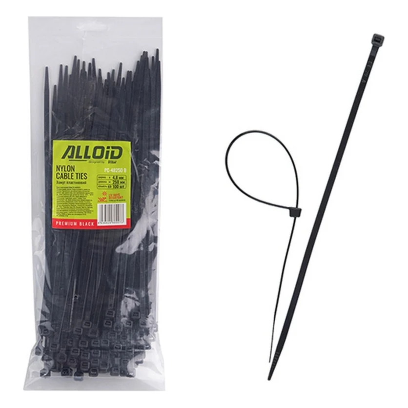 Стяжка Alloid 4.8х250мм, пластик, 100шт./уп., чорний (PC-48250B)