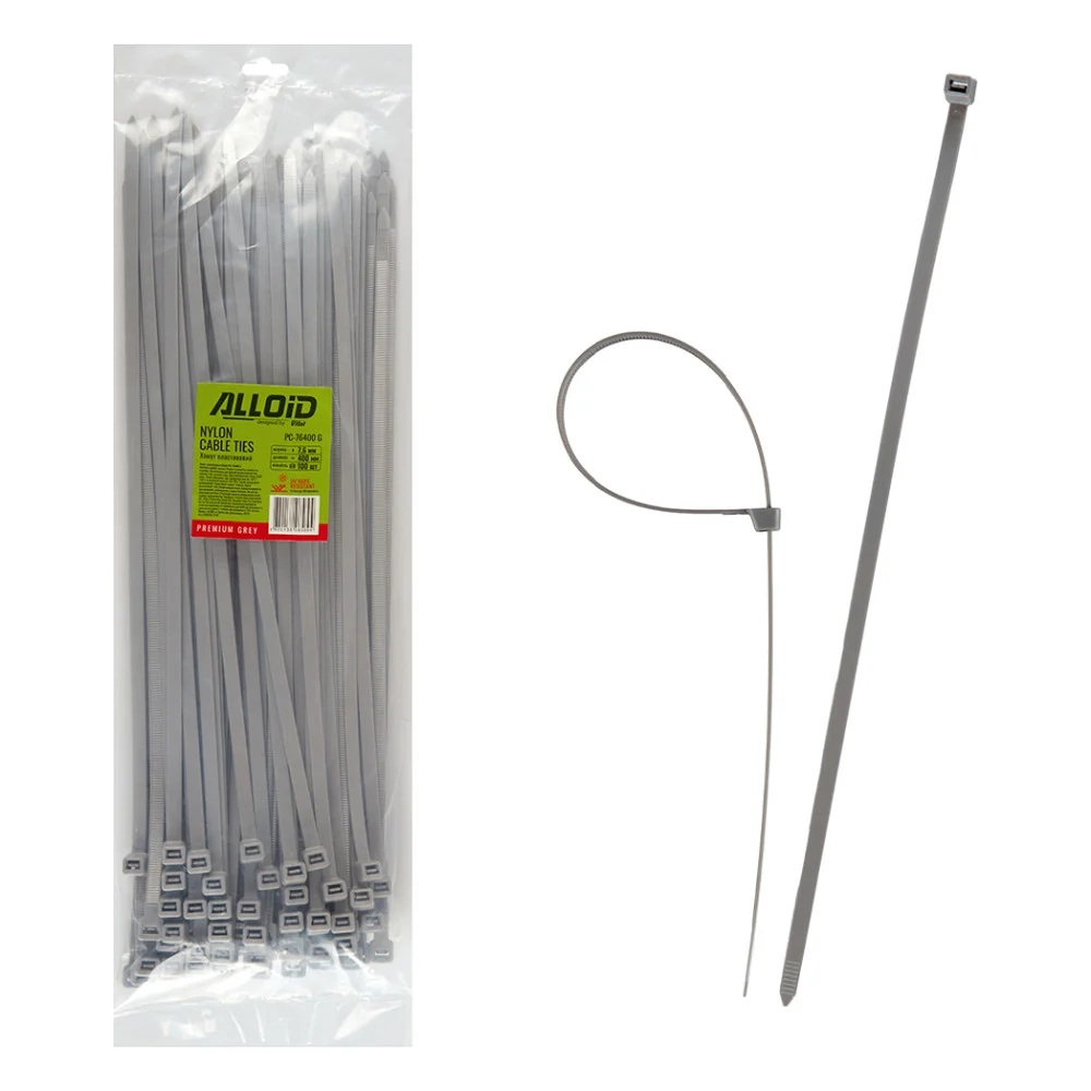 Стяжка Alloid 7.6х400мм, пластик, 100шт./уп., сірий (PC-76400G)