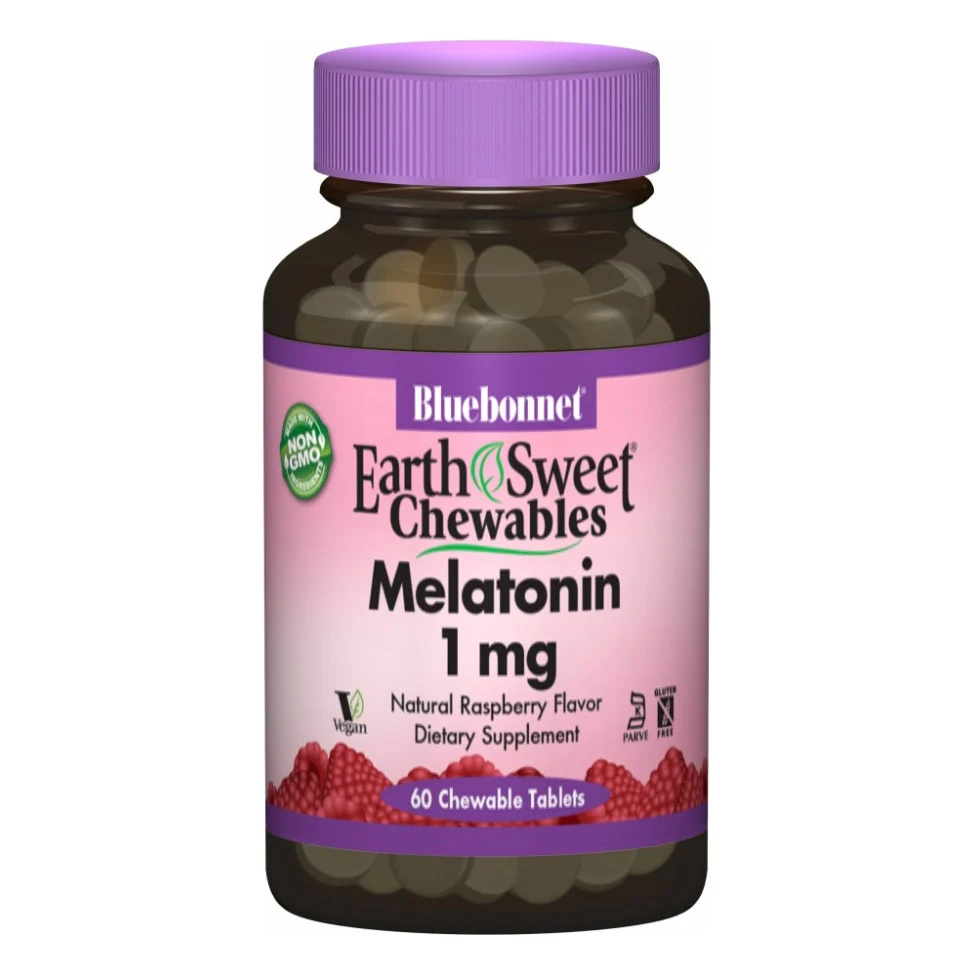 Амінокислота Bluebonnet Nutrition Мелатонін 1 мг, Смак Малини, Earth Sweet Chewables, 60 жувал (BLB0990)