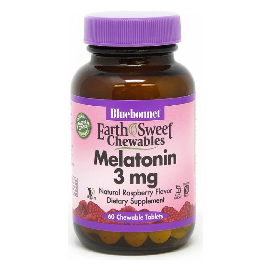 Амінокислота Bluebonnet Nutrition Мелатонін, Melatonin, 3 мг, EarthSweet, Малиновий Смак, 60 ж (BLB0993)