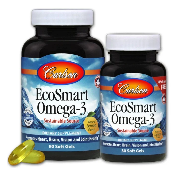 Жирні кислоти Carlson Омега-3, Смак Лимона, EcoSmart Omega-3, 90+30 желатинових ка (CAR-01804)