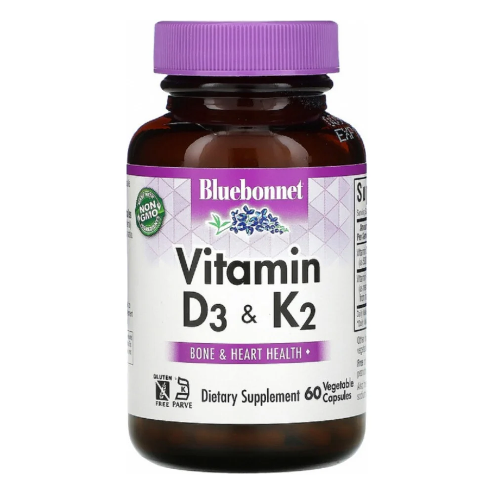 Вітамін Bluebonnet Nutrition Вітаміни D3 і K2, Vitamins D3 & K2, 60 вегетаріанських капсу (BLB-00654)