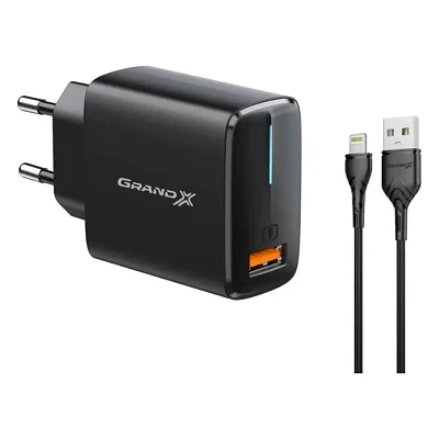 Зарядний пристрій Grand-X Quick Charge QС3.0 with USB to Lightning cable Black (CH-550BL)