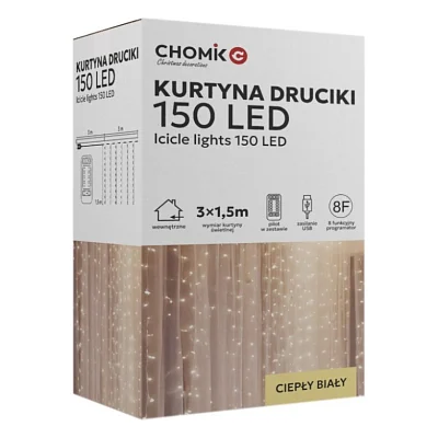 Гірлянда Chomik Штора" 150 LED теплий білий, 3x1,5 м, USB, з пультом, IP20, від мережі (5900779898479)