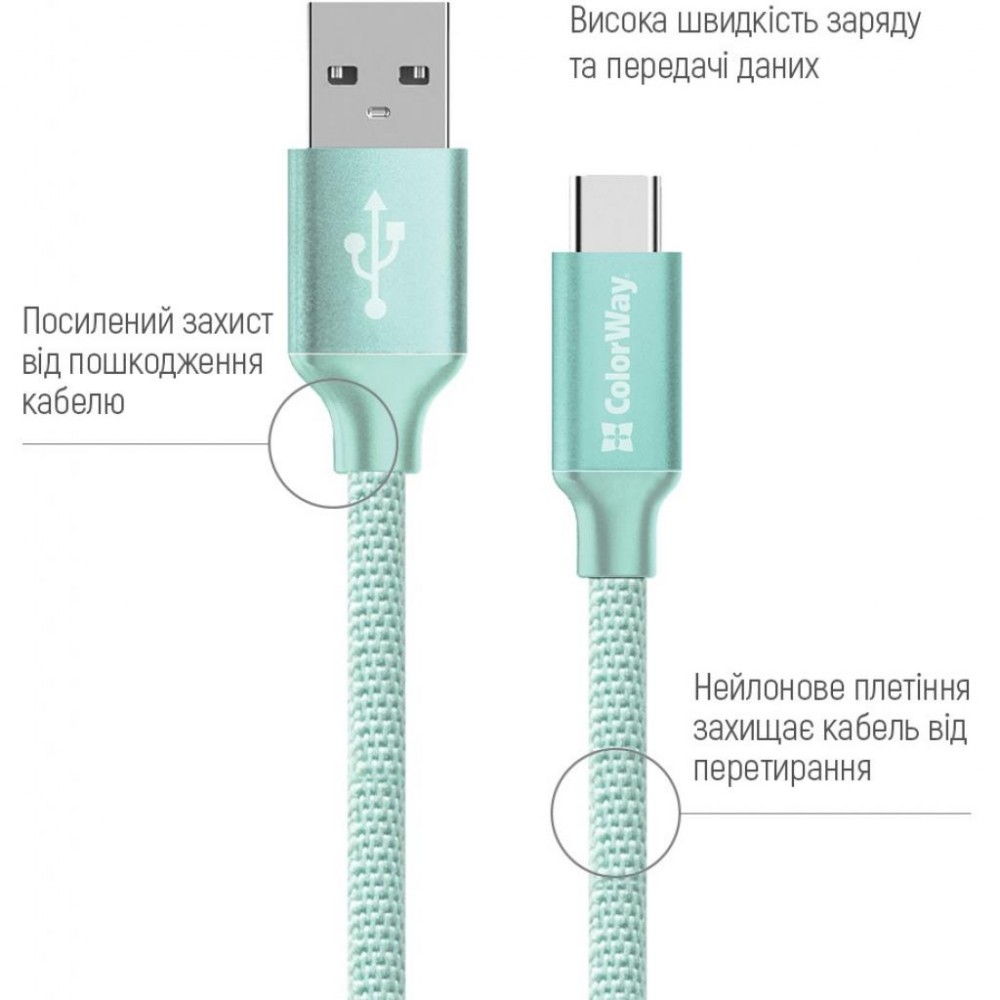 Кабель USB 2.0 AM to Type-C mint ColorWay (CW-CBUC003-MT) — фото 3