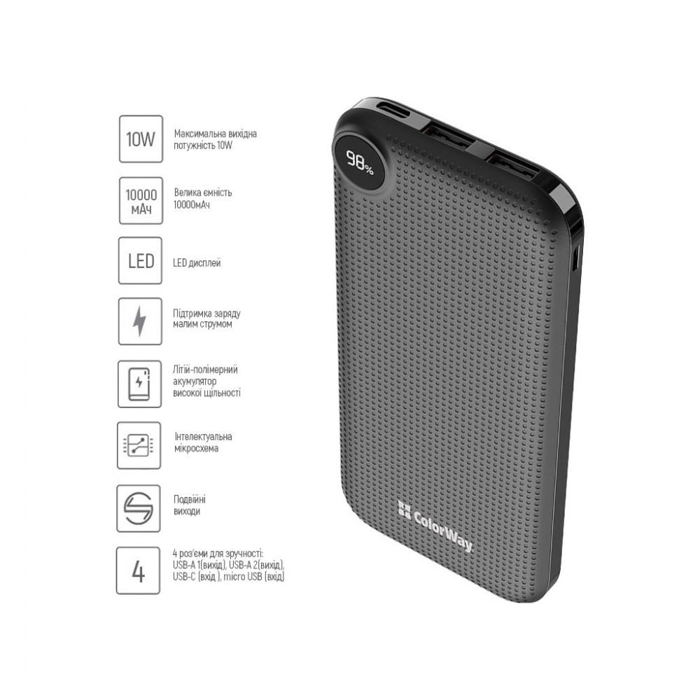 Батарея універсальна ColorWay 10 000 mAh Slim, LCD, Black (CW-PB100LPH2BK-D) — фото 3