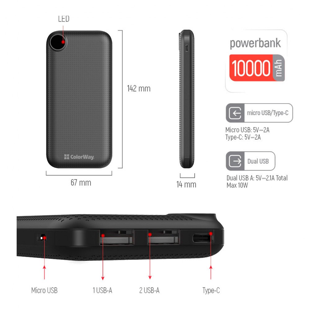 Батарея універсальна ColorWay 10 000 mAh Slim, LCD, Black (CW-PB100LPH2BK-D) — фото 4