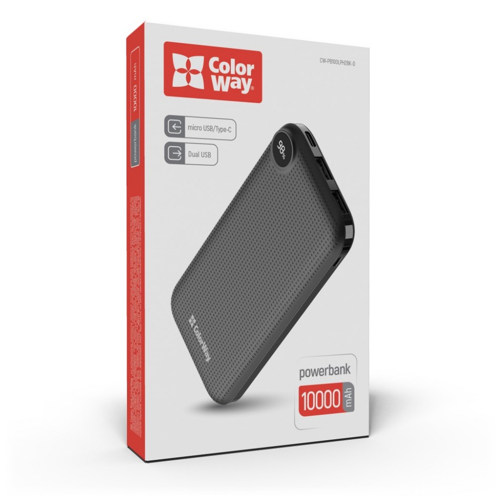 Батарея універсальна ColorWay 10 000 mAh Slim, LCD, Black (CW-PB100LPH2BK-D) — фото 10