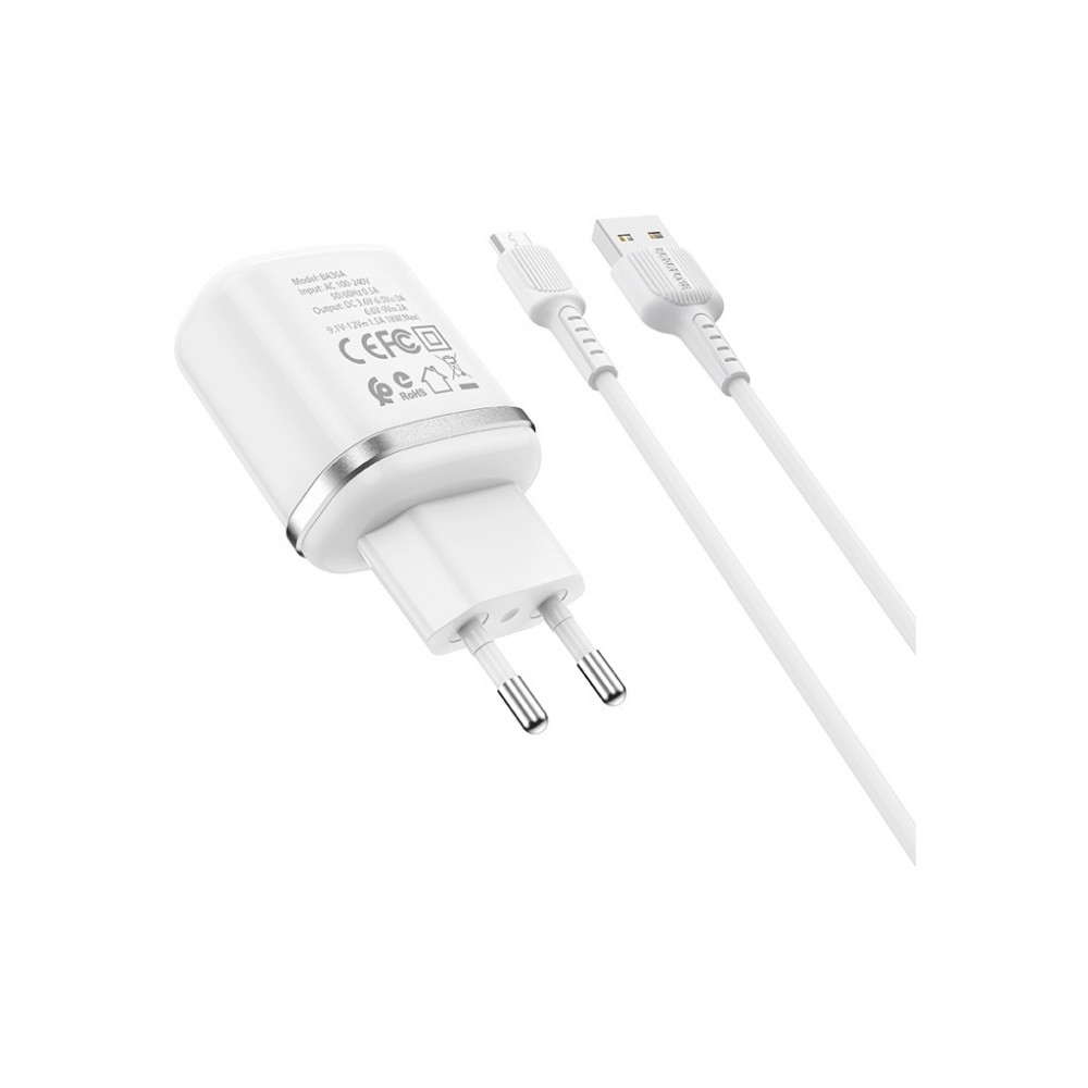 Зарядний пристрій BOROFONE BA36A High speed single port QC3.0 with USB-A to microUSB cable White (BA36AMW) — фото 3
