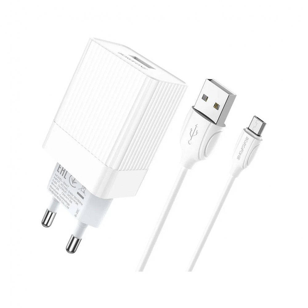 Зарядний пристрій BOROFONE BA47A Mighty speed single port QC3.0 3A with microUSB to USB-A cable White (BA47AMW) — фото 2