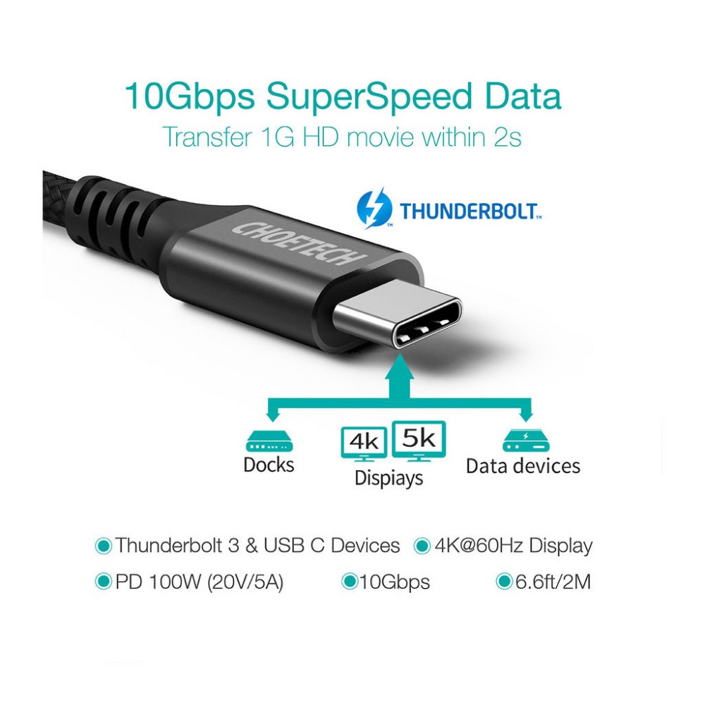 Кабель USB-С to USB-С 2.0m 100W 4K60Hz USB3.1 GEN2 Choetech (XCC-1007-V2-BK) — фото 2