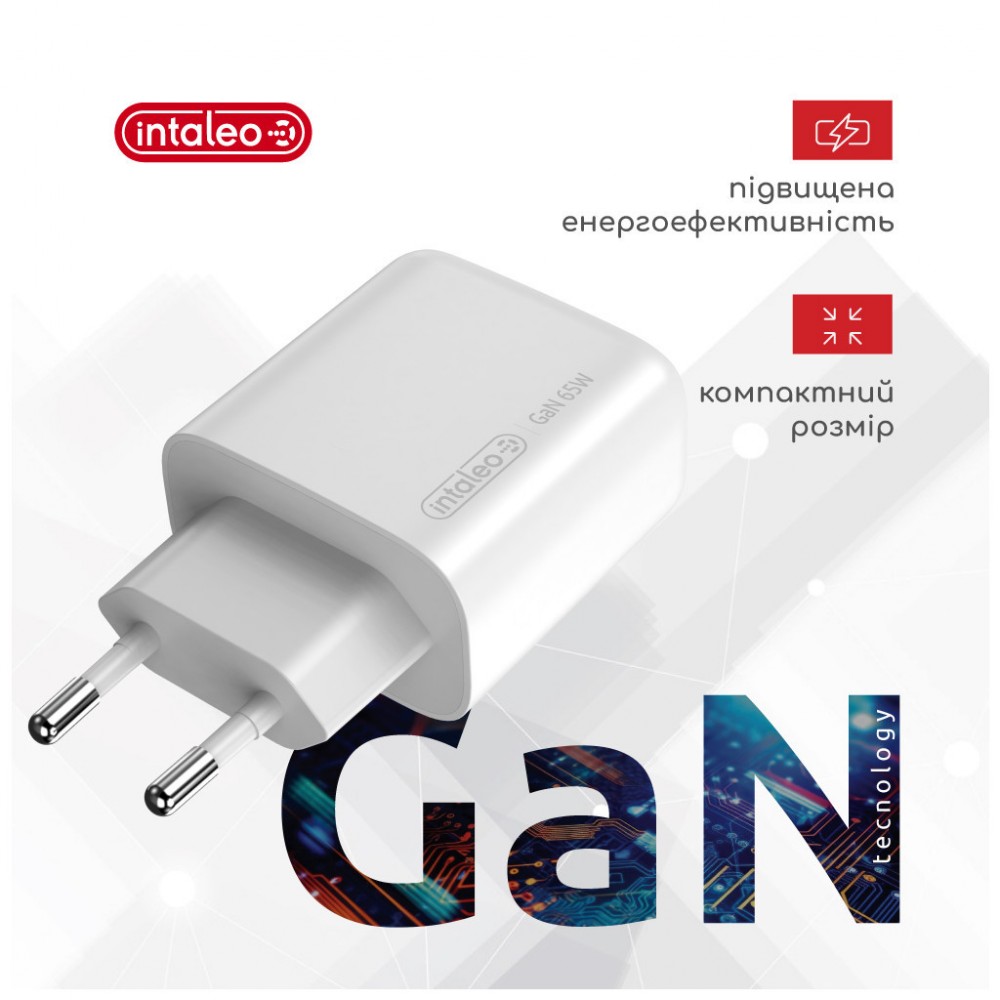 Зарядний пристрій Intaleo 65W GAN 2USB-C PD+USB-A QC 3.0 white (1283126559525) — фото 2