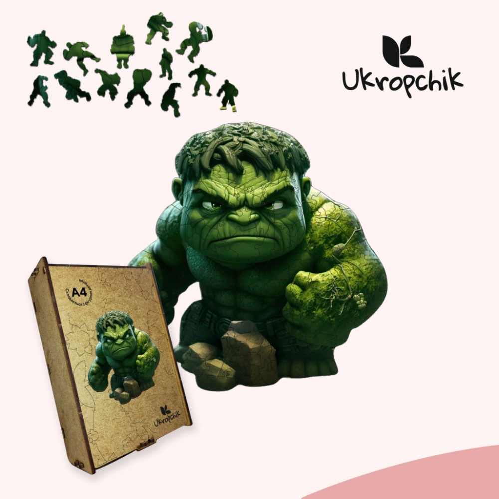 Пазл Ukropchik дерев'яний Супергерой Халк size - M в коробці з набором-рамкою (Hulk Superhero A4) — фото 5
