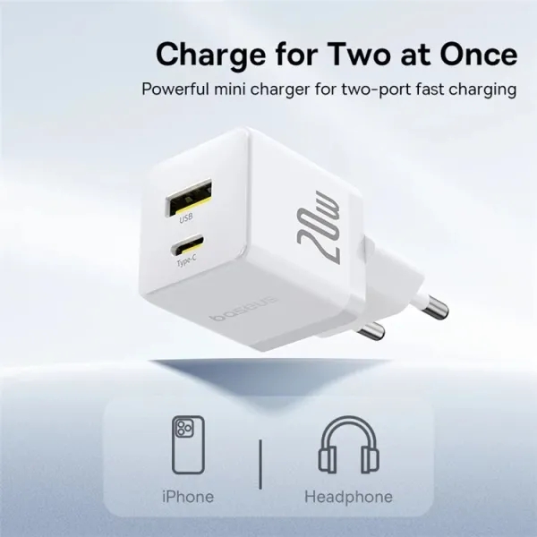 Зарядний пристрій Baseus Palm Fast Charger Type-C+USB 20W with Type-C to Type-C cable White (P10111608213-01) — фото 10