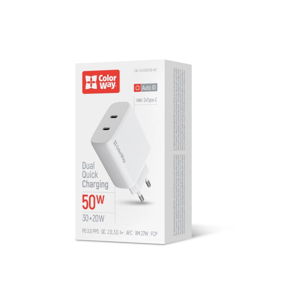 Зарядний пристрій ColorWay GaN Mini 50W PD Port PPS USB (Type-C PD 30W + Type-C PD 20W) white (CW-CHS050PD-WT) — фото 6