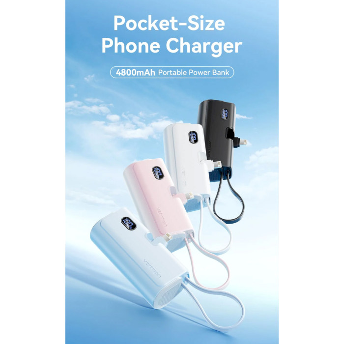 Батарея універсальна Vention 4800mAh 22.5W PD USB-C In/Out LED display with built-in Lightning cable Black (FHRB0) — фото 8