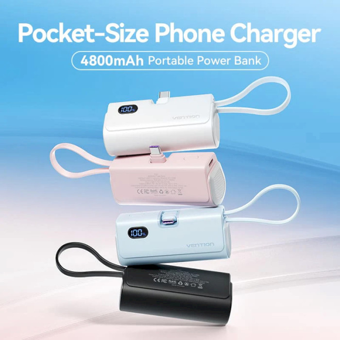 Батарея універсальна Vention 4800mAh 22.5W PD USB-C In/Out LED display with built-in USB-C cable White (FHQW0) — фото 6