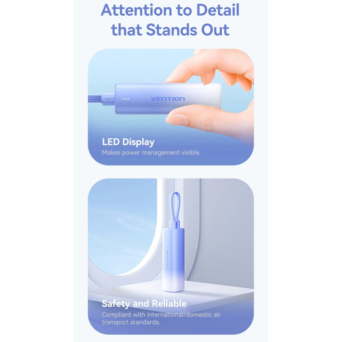 Батарея універсальна Vention 5000mAh 20W PD USB-C In/Out Lightning In/Out with cable Gradient Blue (FHWL0) — фото 7