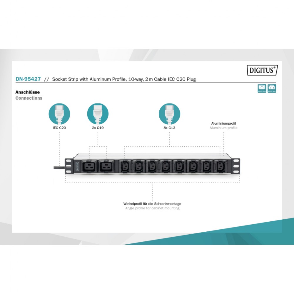 Силовий блок 19" 1U w/PDU 8xC13, 2xC19, 16A, 250V, вилка C20 Digitus (DN-95427) — фото 3
