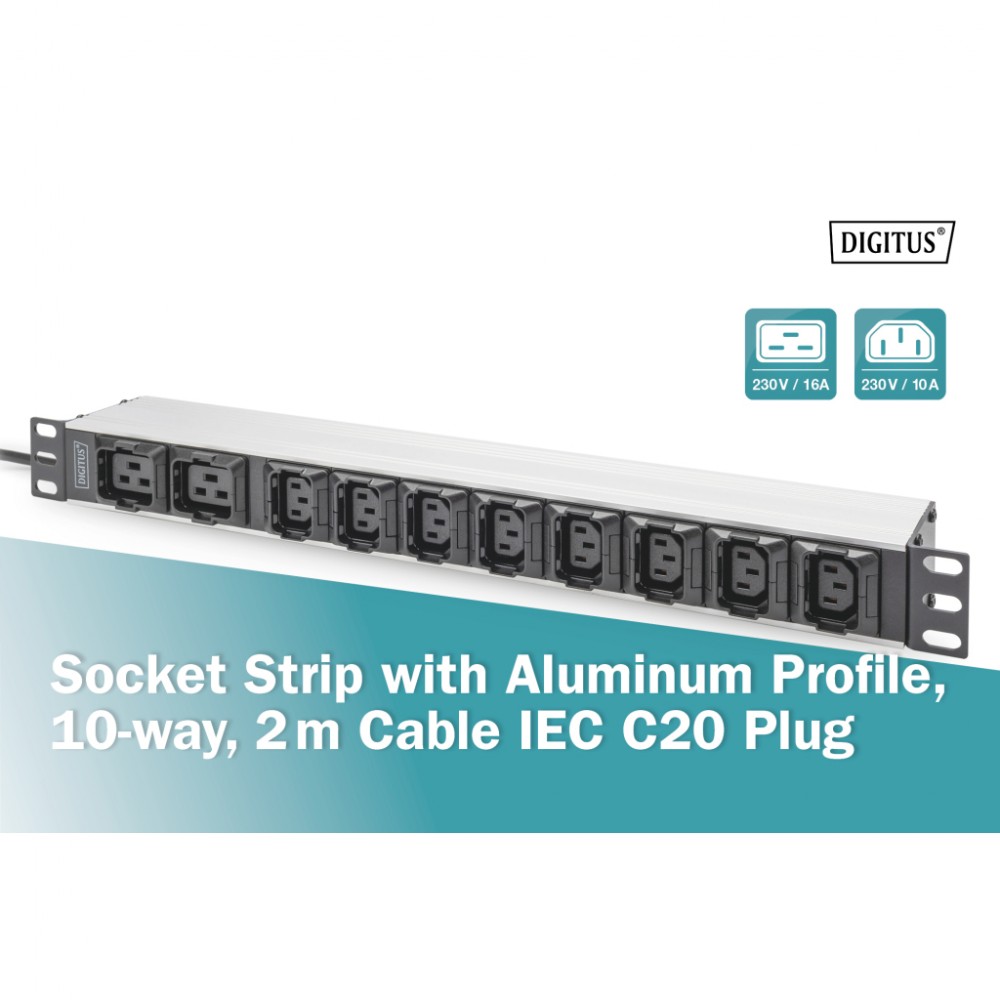 Силовий блок 19" 1U w/PDU 8xC13, 2xC19, 16A, 250V, вилка C20 Digitus (DN-95427) — фото 4