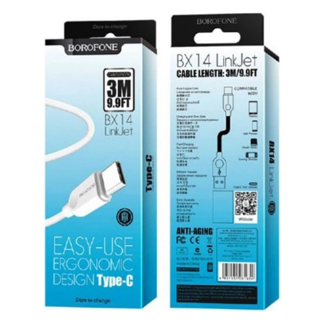 Дата кабель USB 2.0 AM to USB-C 3.0m 2.4A BX14 white BOROFONE (6957531090397) — фото 2