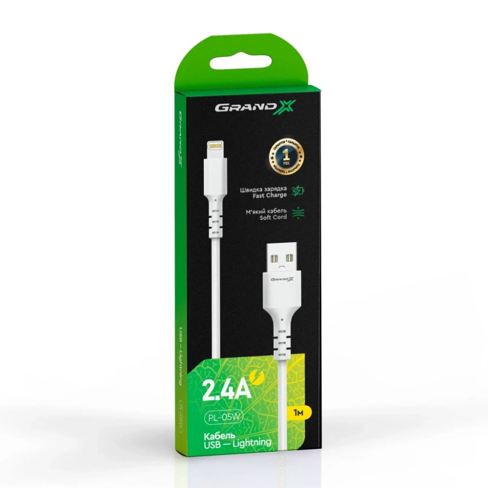 Дата кабель USB 2.0 AM to Lightning 1.0m 2.4A white Grand-X (PL-05W) — фото 4