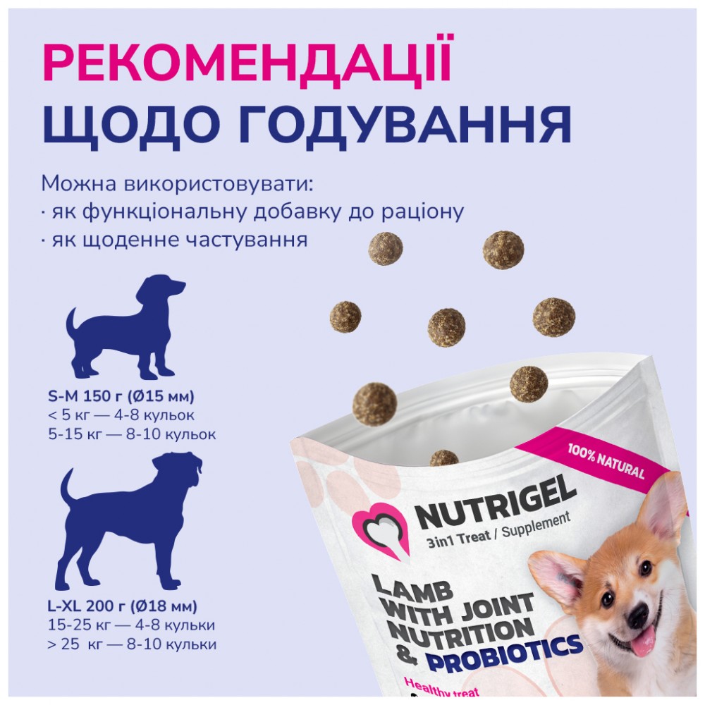 Ласощі для собак LK Baits Pet Nutrigel Lamb S-M для суглобів з ягням і пробіотиками (O 15 мм) 150 г (7777005) — фото 5