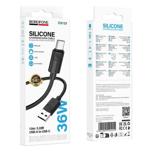 Дата кабель USB 2.0 AM to USB-C 1.0m silicone BX123 Leya black BOROFONE (6941991124211) — фото 3