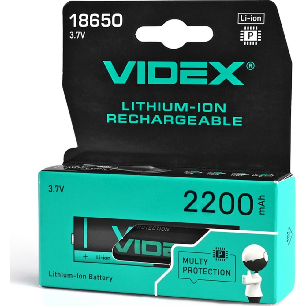 Акумулятор 18650 2200mAh Li-Ion, protect, color box/1шт Videx (18650-P/2200/1CB) — фото 2