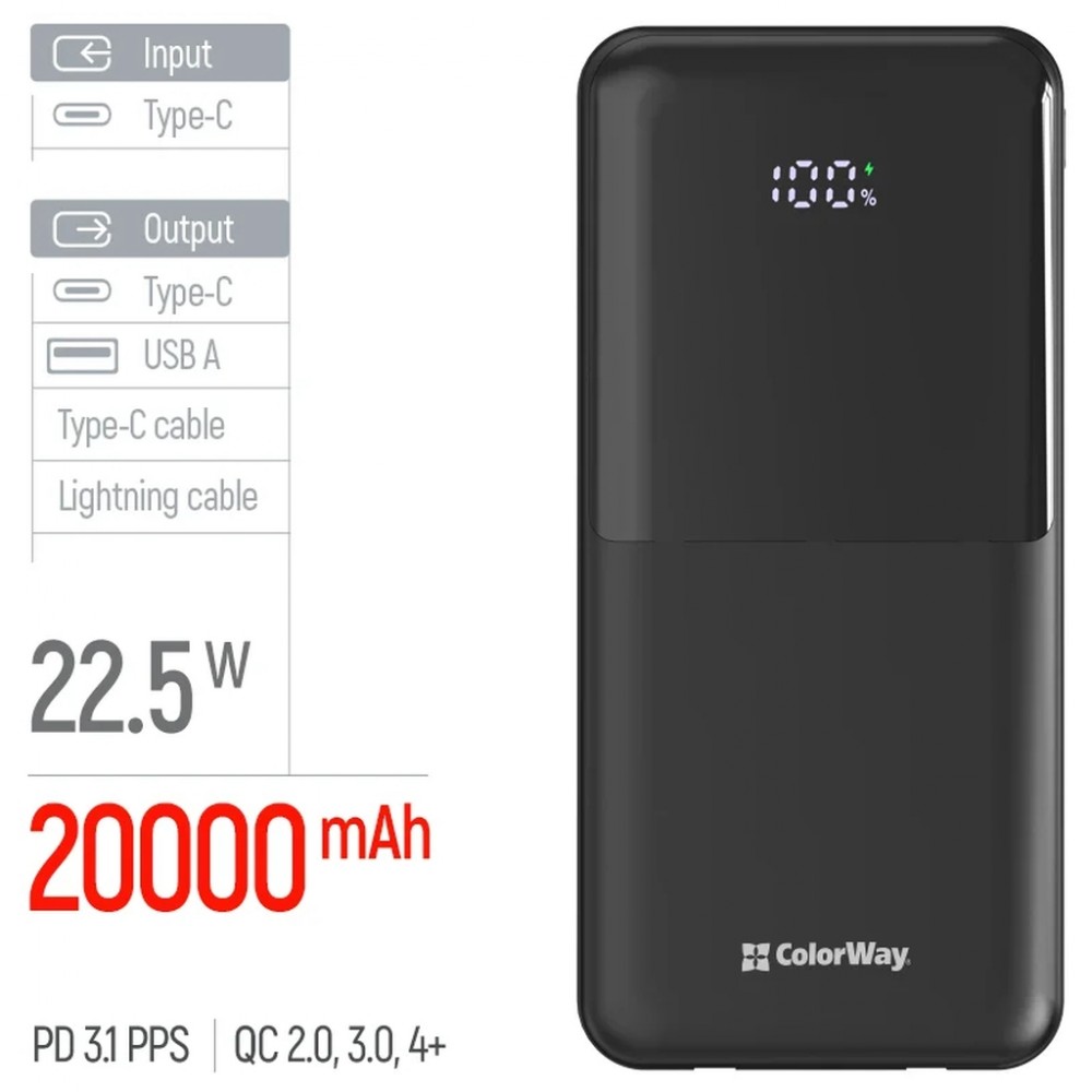 Батарея універсальна ColorWay 20000mAh DigiPower PD/22.5W, QC/4.0, Black (CW-PB200LP01BK) — фото 5
