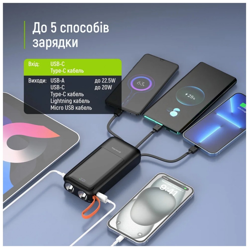 Батарея універсальна ColorWay 20 000 mAh PowerHub PD/22.5W, QC/4.0, Black (CW-PB200LP07BK) — фото 6