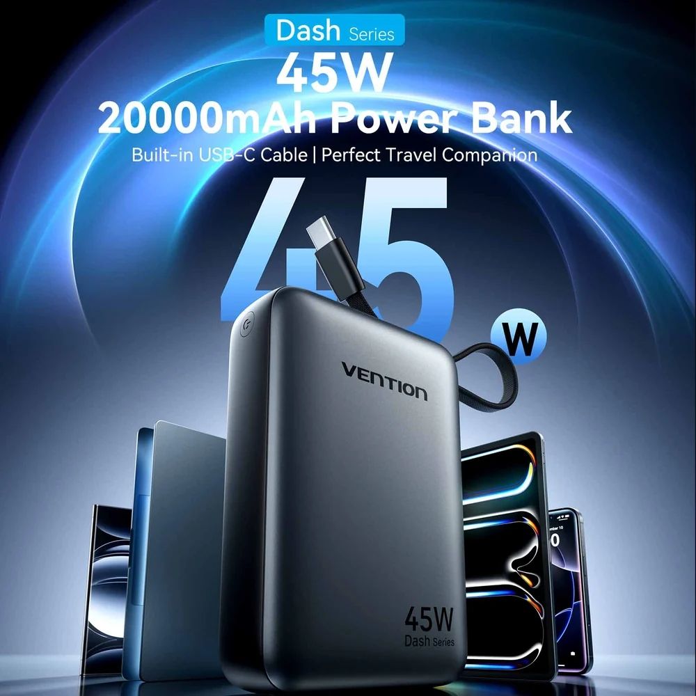 Батарея універсальна Vention 20000mAh 45W PD3.1 USB-A USB-C In/Out with Built-in USB-C cable Beige (FHGN0) — фото 7